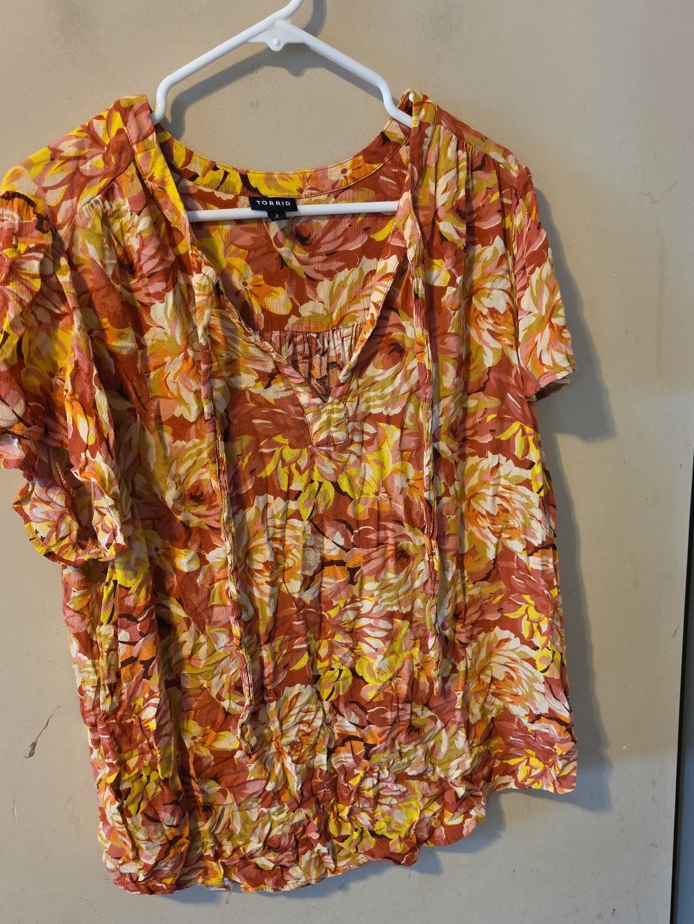 torrid Orange and Yellow Floral V-Neck Short Sleeve Blouse
